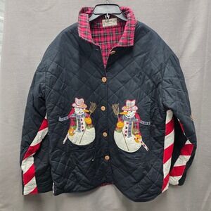 Patch Magic Snowman Quilted Jacket Black Red Plaid Holiday Winter Coat Women
